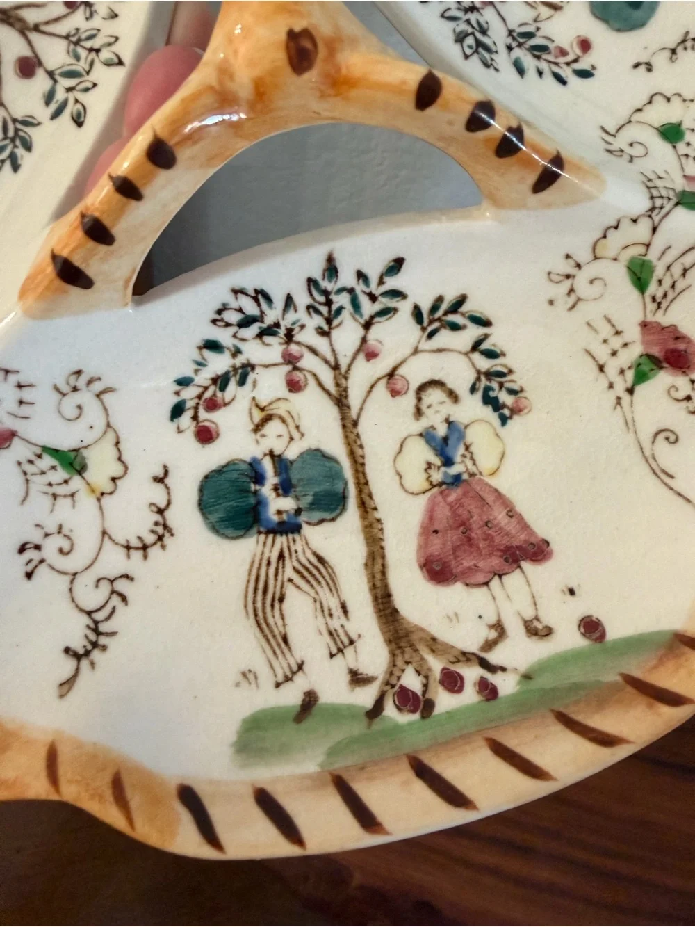 Mid-Century Hand-Painted Cream Ceramic 3-Section Serving Dish - Japan